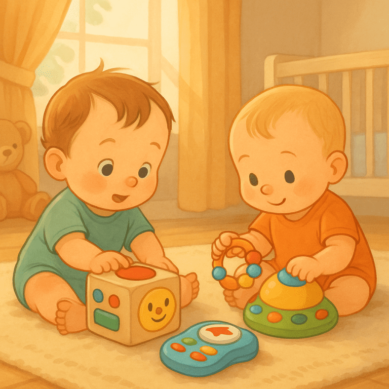 Baby’s spelen met kleurrijk tech-speelgoed op zachte speelmat in warme kinderkamer