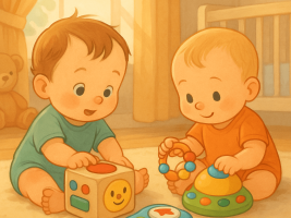 Baby’s spelen met kleurrijk tech-speelgoed op zachte speelmat in warme kinderkamer